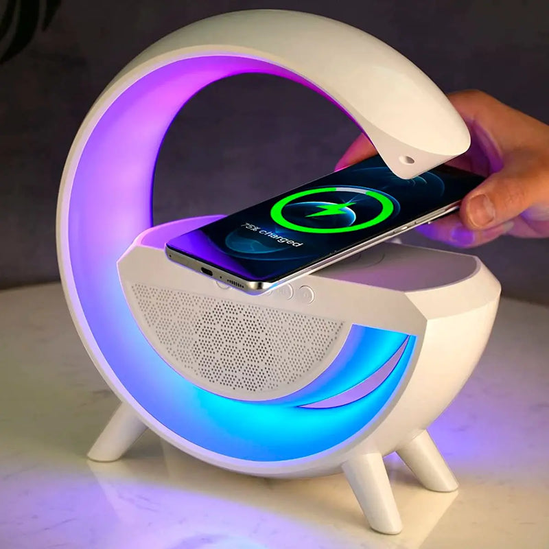Caixa De Som Led Luminária Bluetooth Alto Falante Carregador Sem Fio Lâmpada Mesa RGB Alarme Relógio