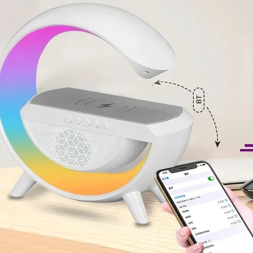 Caixa De Som Led Luminária Bluetooth Alto Falante Carregador Sem Fio Lâmpada Mesa RGB Alarme Relógio